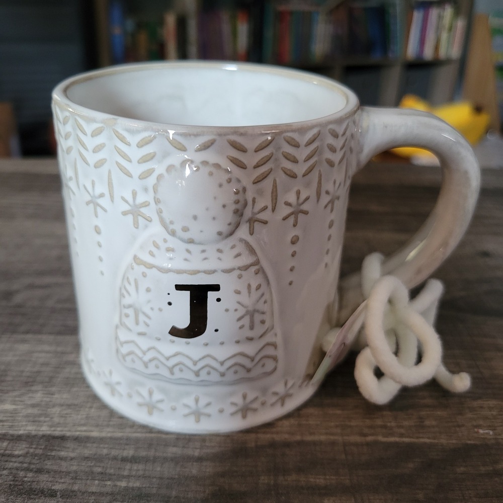 Anthropologie Monogram Initial J Winter Beanie Knit Ceramic Coffee Mug White